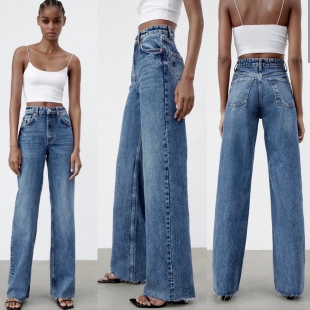Zara High Rise Wide Leg Blue Jeans